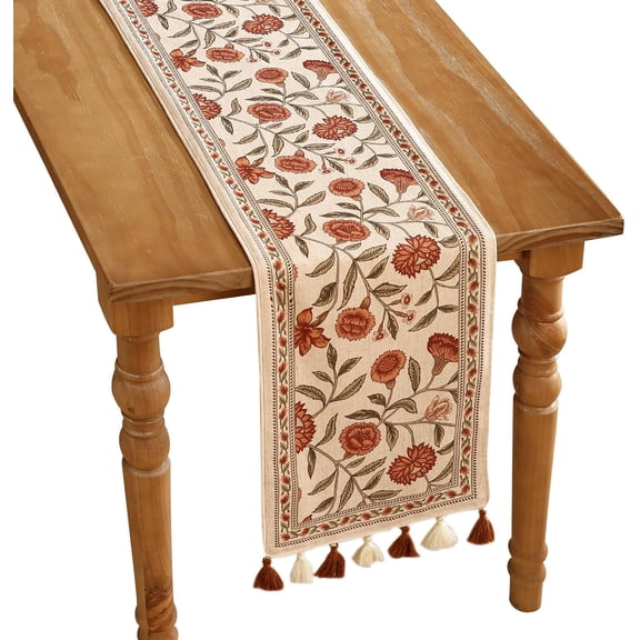 Elegant Floral Bird Pattern Linen Table Runner, Extra Long 118 Inches, Farmhouse Rustic Dining Room Decor for Thanksgiving and Christmas, 12"x118"