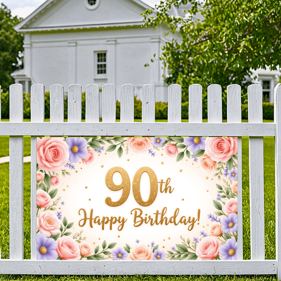 Elegant Floral Birthday Banner 90th Celebration Gold Glitter for Senior Party Indoor Decoration Event