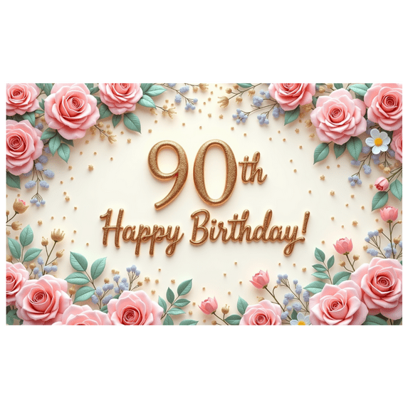 Elegant Floral Birthday Banner 90th Celebration Gold Glitter for Senior Party Indoor Decoration Event