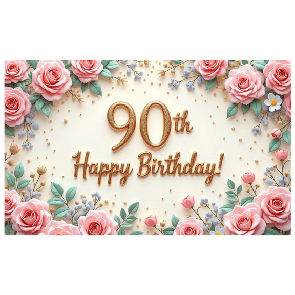 Elegant Floral Birthday Banner 90th Celebration Gold Glitter for Senior Party Indoor Decoration Event