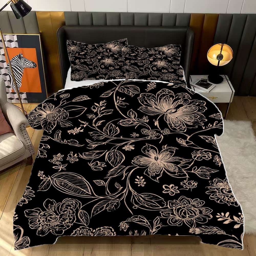 Elegant Floral Black Background Design Comforter Set Full Size Bedding ...
