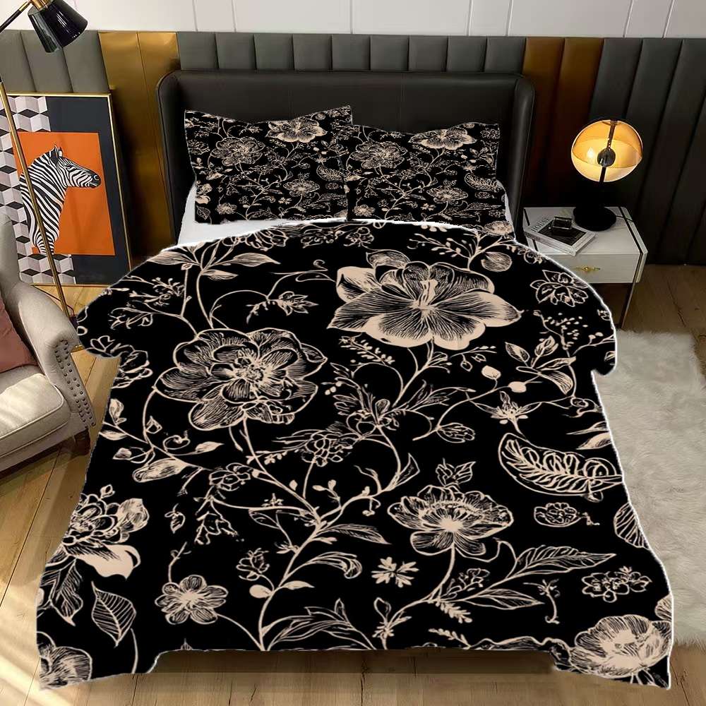 Elegant Floral Black Background Design Comforter Set Twin Size Bedding ...