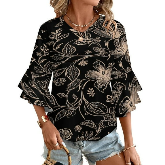 Elegant Floral Black Background Design Women's V-Neck Blouse With 3/4 Ruffled Bell Sleeves Casual Top Ladies Blouses