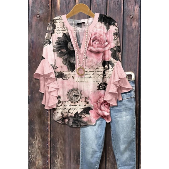 [Elegant Floral Blouse] Plus Size Women's Elegant Floral Print Blouse | V-Neck Loose Fit with Ruffled Sleeves, Breathable Fabric - Perfect for Vacation & Casual Wear, Spring/Summer/Fall, S-6XL