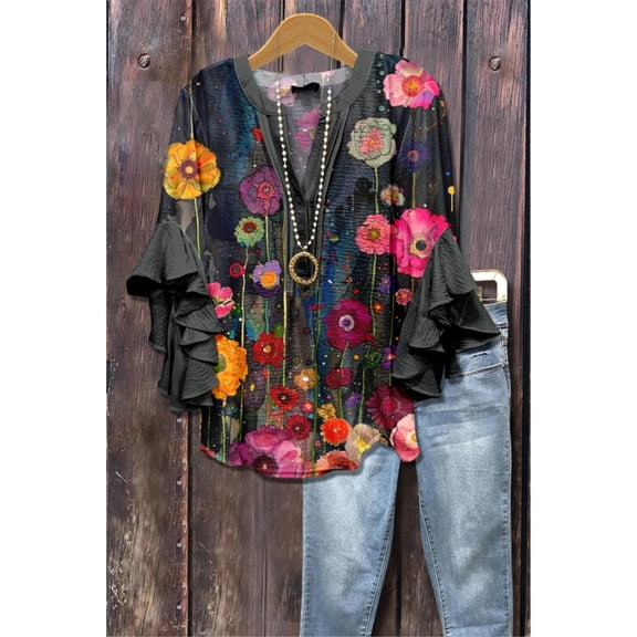 [Elegant Floral Blouse] Plus Size Women's Elegant Floral Print Blouse | V-Neck Loose Fit with Ruffled Sleeves, Breathable Fabric - Perfect for Vacation & Casual Wear, Spring/Summer/Fall, S-6XL