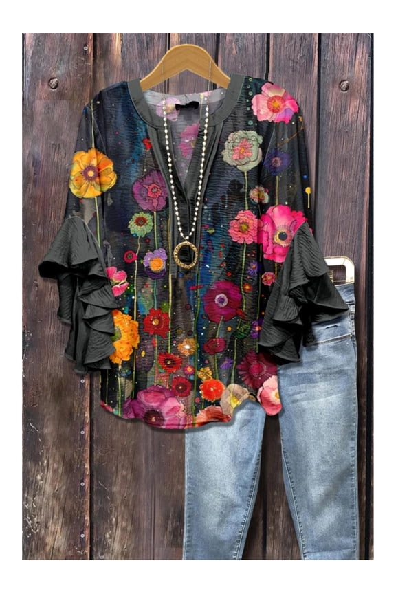 [Elegant Floral Blouse] Plus Size Women's Elegant Floral Print Blouse | V-Neck Loose Fit with Ruffled Sleeves, Breathable Fabric - Perfect for Vacation & Casual Wear, Spring/Summer/Fall, S-6XL