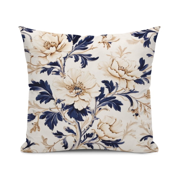 Elegant Floral Bohemian Toile Pattern Design in Navy & Cream Flowers Throw Pillow Cover, 18x18