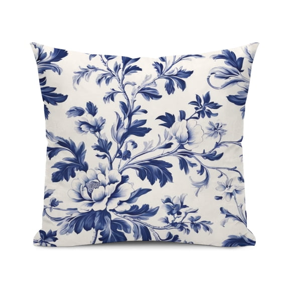 Elegant Floral Bohemian Toile Pattern Design in Navy & White Flowers Throw Pillow Cover, 18x18