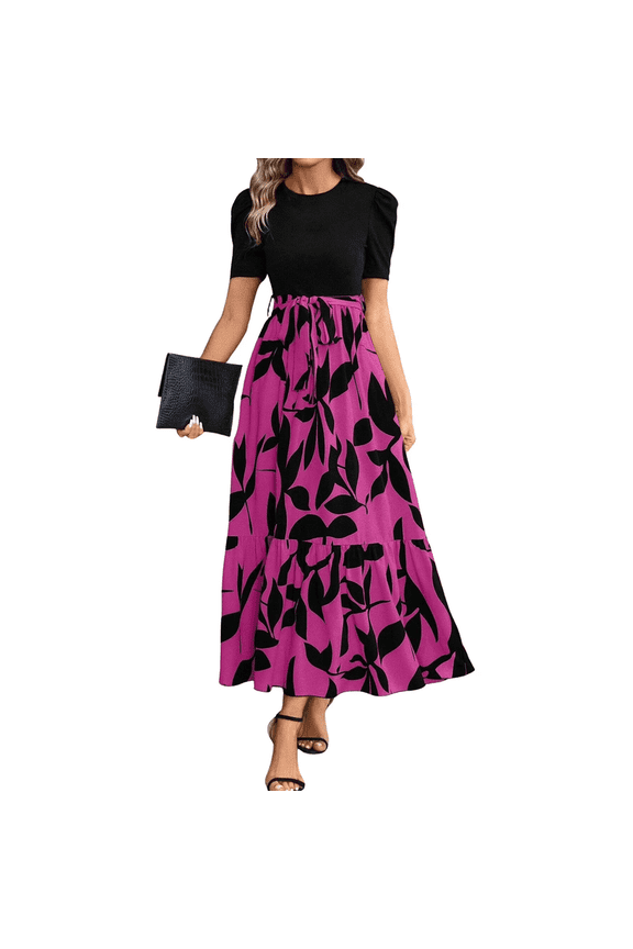 Elegant Floral Church Dresses for Women Short Sleeve Long Dresses Casual Floral Church Flowy Dresses Y2k Sundresses Maxi Dresses with Belt