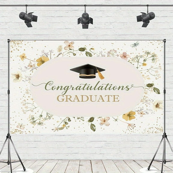 Elegant Floral "Congratulations Graduate" Party Banner - Pastel Flower Design with Graduation Cap, Polyester, Ideal for Graduation Party Decorations, Photo Booth Props