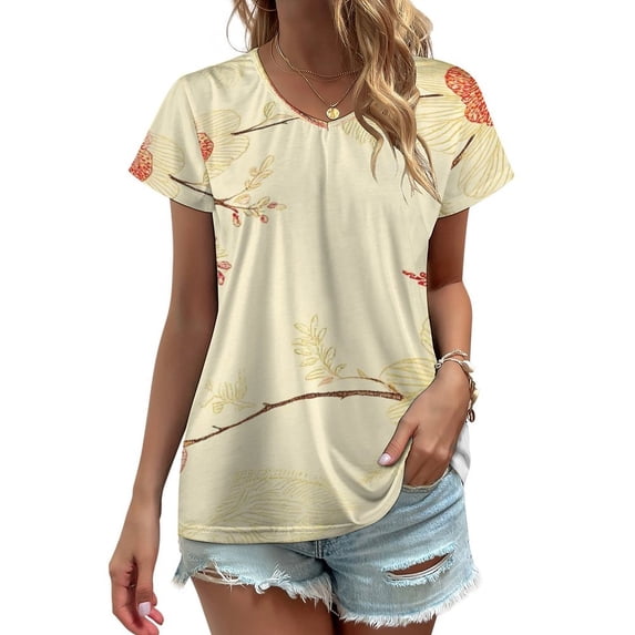 Elegant Floral Cream Design Women's Blouse Short Sleeve Women's Top T-Shirt Spring Summer Clothes