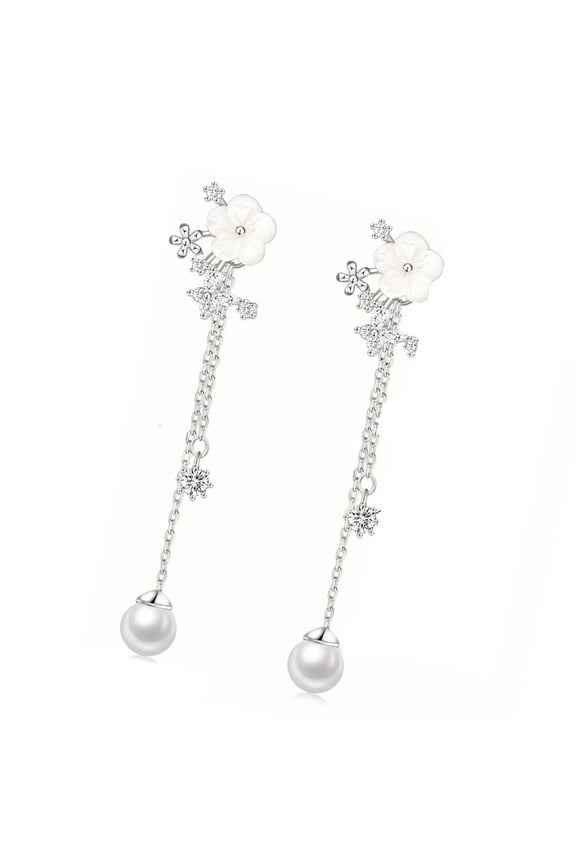 Elegant Floral Dangle Pearls Earrings For Wedding Bride Jewelry Gold or Silver