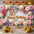 thumbnail image 1 of Elegant Floral Design 80th Birthday Banner Rose Decor Birthday Celebration for Senior Birthday Indoor Party Event, 1 of 9