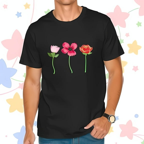 Elegant Floral Design Black Short-Sleeved T-Shirt with Pink and Red Flowers - Casual Comfort Wear