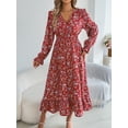 thumbnail image 1 of Elegant Floral Dress Woman 2025 Autumn Winter V Neck Long Flared Sleeves Ruffled Maxi Dress, 1 of 7