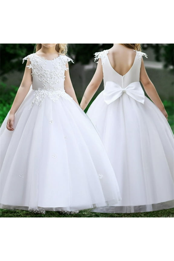 Elegant Floral Embroidery Girl Dress Lace Sleeveless Backless Gown Baptism Wedding And Special Party Occasions Flower Girls Dress White 10-11 Y