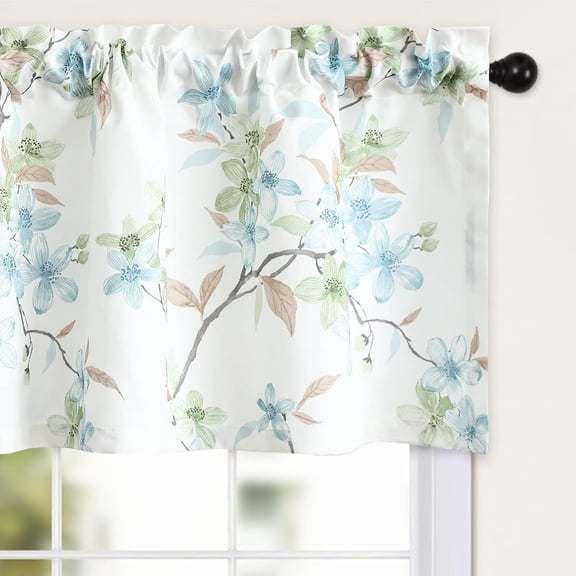 Elegant Floral Farmhouse Valance, Blue and Green Flowers Decorative Window Curtain Drapery for Cafe, Restaurant, School, Rod Pocket, 52 x 18 in