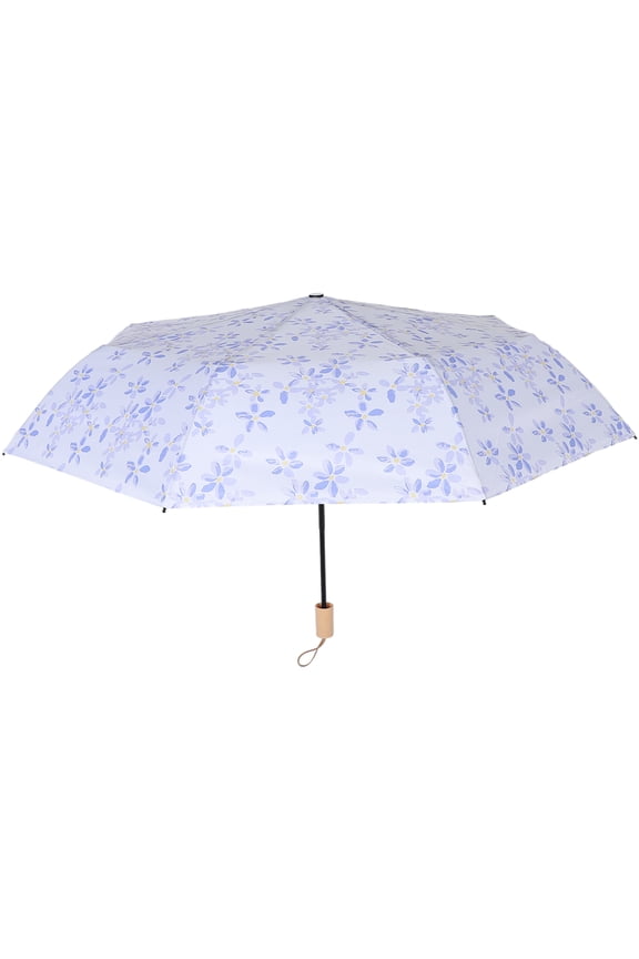 Compact Floral Folding Umbrella with Wooden Handle, Windproof and Rainproof, Stylish Flower Pattern for Everyday Use