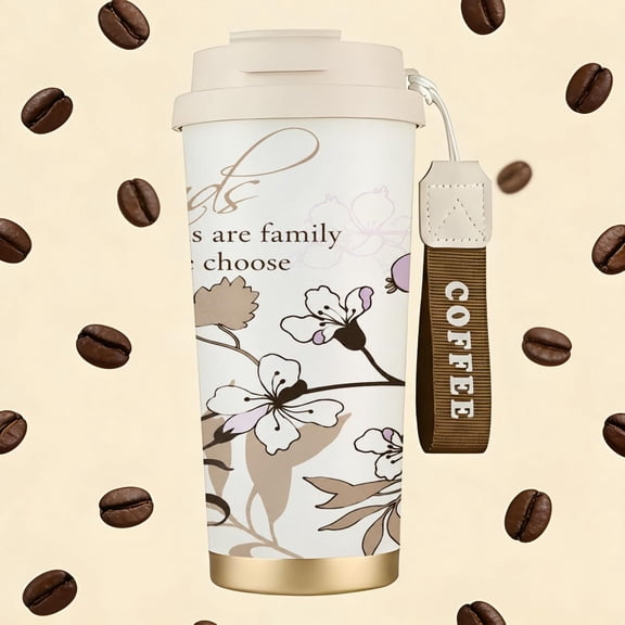 Elegant Floral Friends Quote Stainless Steel Insulated Coffee Cup with Double Drink Design， Portable Travel Tumbler with COFFEE Wrist Strap， Reusable Thermal Mug