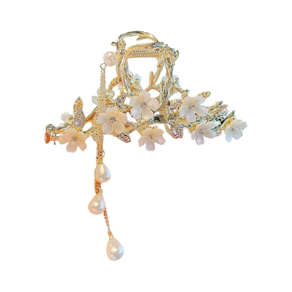 Elegant Floral Hair Clip with Pearls for Women Bridal Wedding Accessories, Gold Tone, Handmade Design