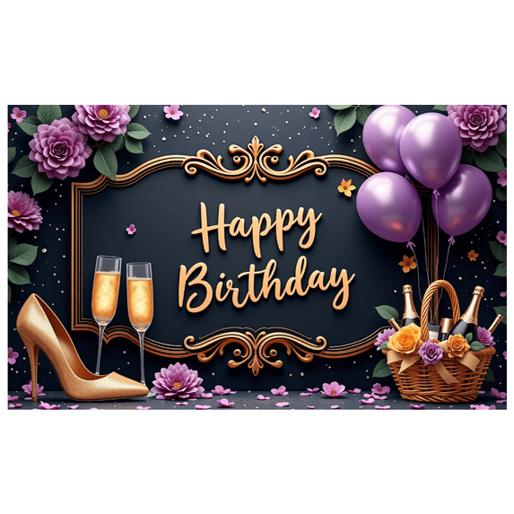 Elegant Floral Happy Birthday Banner Decorative Design Gold Champagne Balloon for Birthday Party Celebration Indoor Decoration Photo Shoot