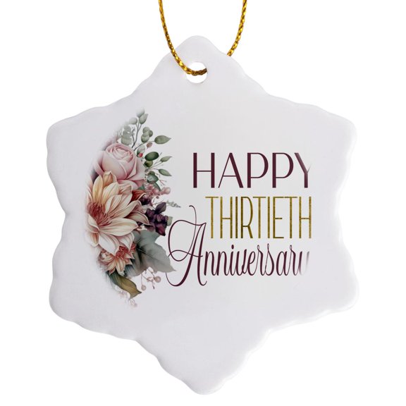 3drose, Elegant Floral Happy Thirtieth Anniversary, 3 inch Snowflake Porcelain Ornament