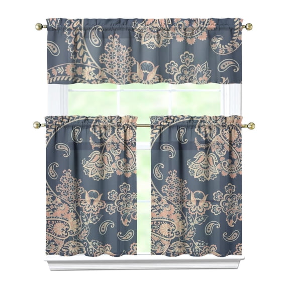 Elegant Floral Kitchen Curtains Set of 3 - Antique Vintage Paisley Print Tier Curtains with Valance, Semi-Sheer Short Curtains for Rustic Decor