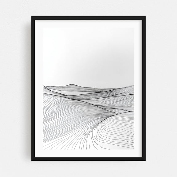 Elegant Floral Line Drawing - Line Drawing Line Art Minimalist Abstract Black and White Landscape Desert Waves Black Framed Wall Art Print 5 x 7 inches