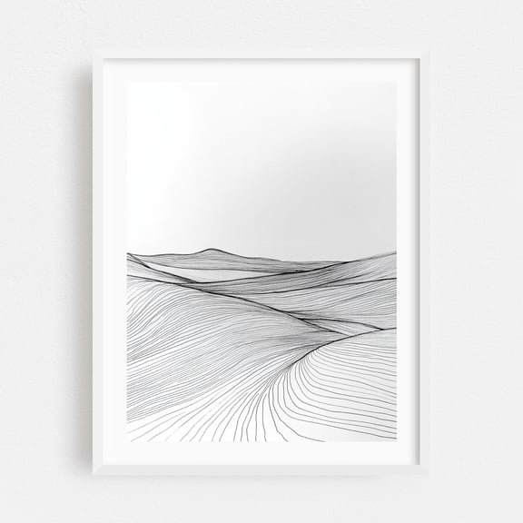 Elegant Floral Line Drawing - Line Drawing Line Art Minimalist Abstract Black and White Landscape Desert Waves White Framed Wall Art Print 5 x 7 inches