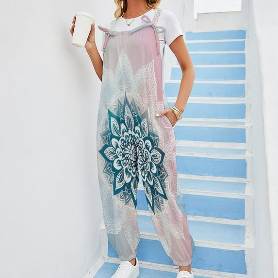 Elegant Floral Mandala Art Womens Casual Baggy with Pockets Trousers Casual Jumpsuit Sleeveless Suspender Overalls Romper