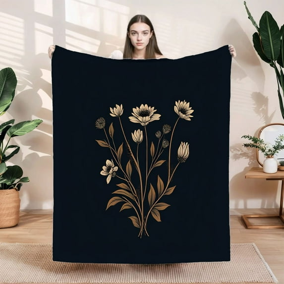 Elegant Floral Pattern Flannel Blanket - Soft Warm & Cozy for Sofa Travel Bed & Chair - Perfect for Decor
