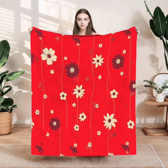 Elegant Floral Pattern Flannel Blanket - Soft Warm & Cozy for Sofa Travel Bed & Chair - Vibrant Red with Cream & Dark Brown Flowers