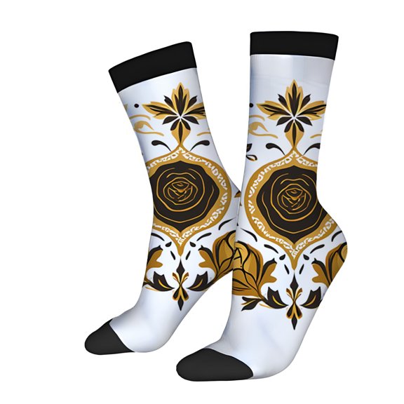 Elegant Floral Pattern Socks (2 Pairs) - Gold & Black Design Unisex Trendy Socks for All Seasons Mixed Color Collection Stylish & Comfortable