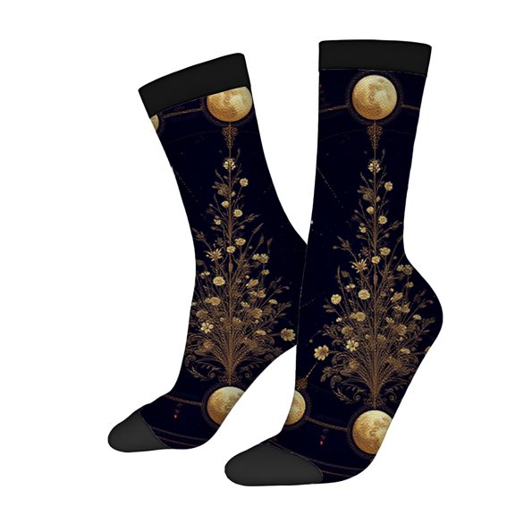 Elegant Floral Pattern Socks - 2 Pairs of Unisex Trendy Socks with Golden Tree Design on Dark Background - Perfect for All Seasons