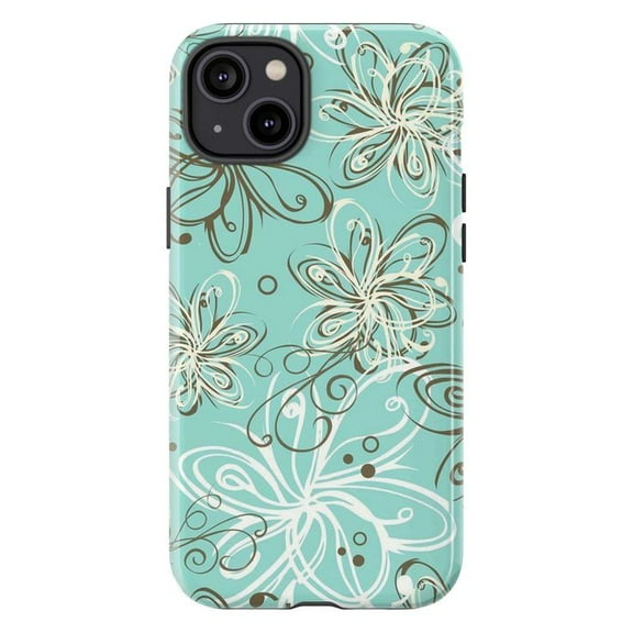 Elegant Floral Phone Case, Turquoise Blue Background with Delicate White and Brown Swirling Flowers, Stylish Protective Cover for iPhone 16 15 14 13 12 11 Pro Plus Mini
