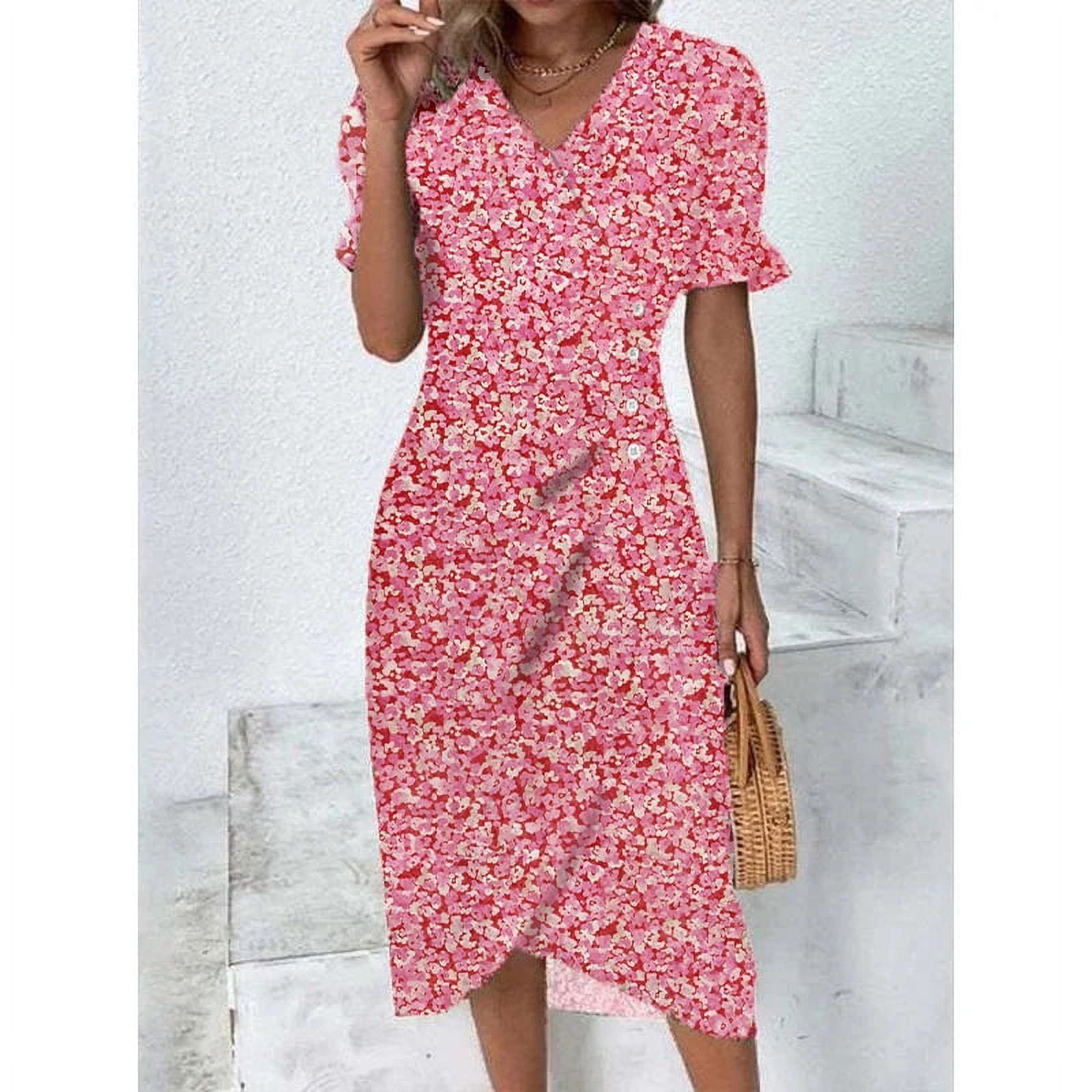 Elegant Floral Pleated H shaped Midi Dress Female V Neck Puff Sleeve ...