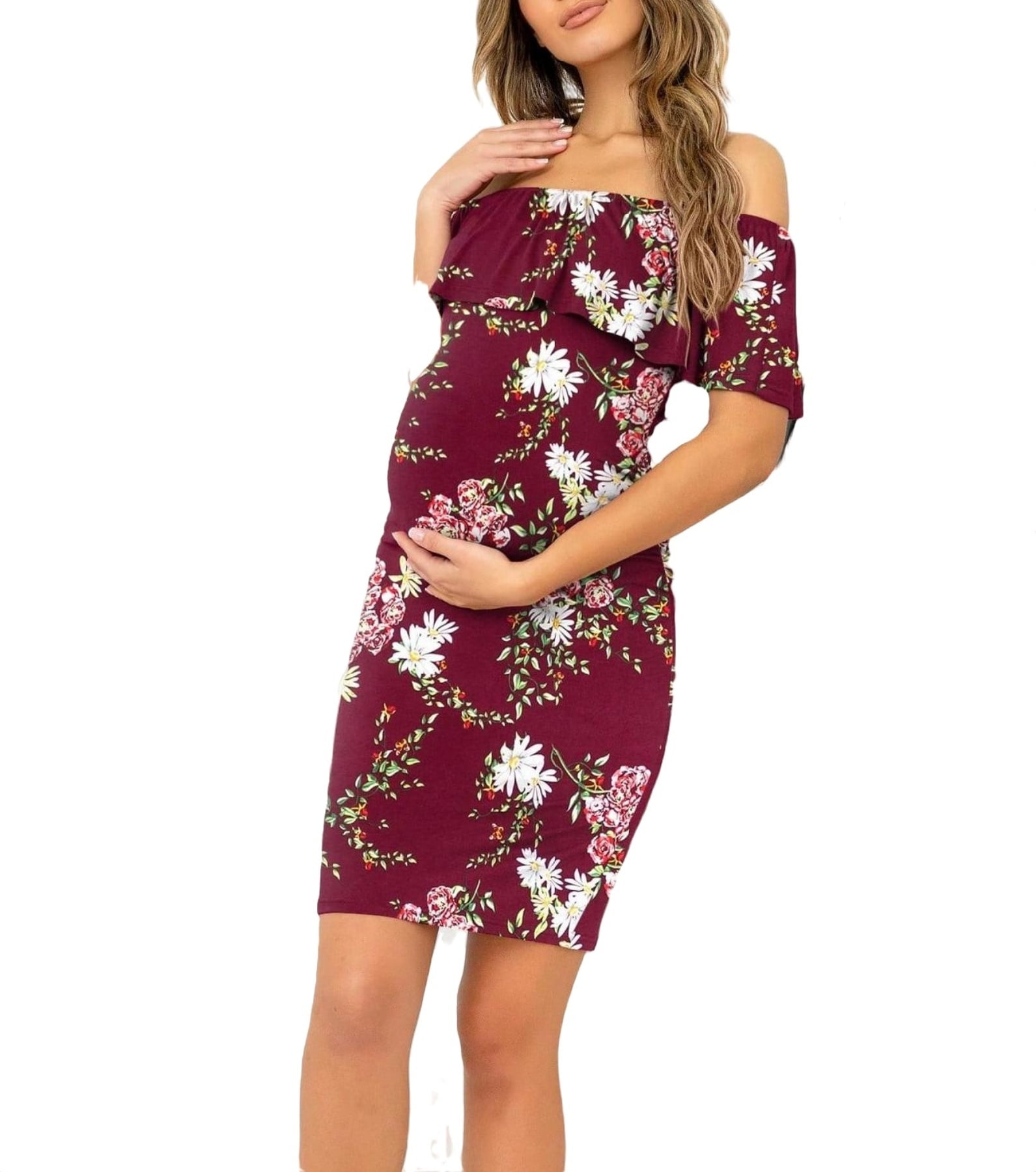 Elegant Floral Print Off the Shoulder Bodycon Short Sleeve Burgundy