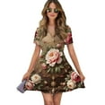 thumbnail image 1 of Elegant Floral Print Pattern Women Dress V-Neck Short Sleeve Flowy Swing Party Midi Dress, 1 of 4