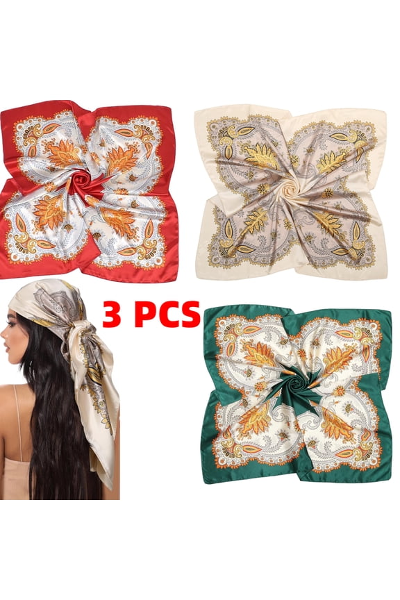 Elegant Floral Print Satin Head Scarf 35" - 3Pcs Set for Women, Red Head Scarf+Green Head Scarf+Beige Scarf, Silk-Like Hair Wrap, Bandana, Beach & Gift