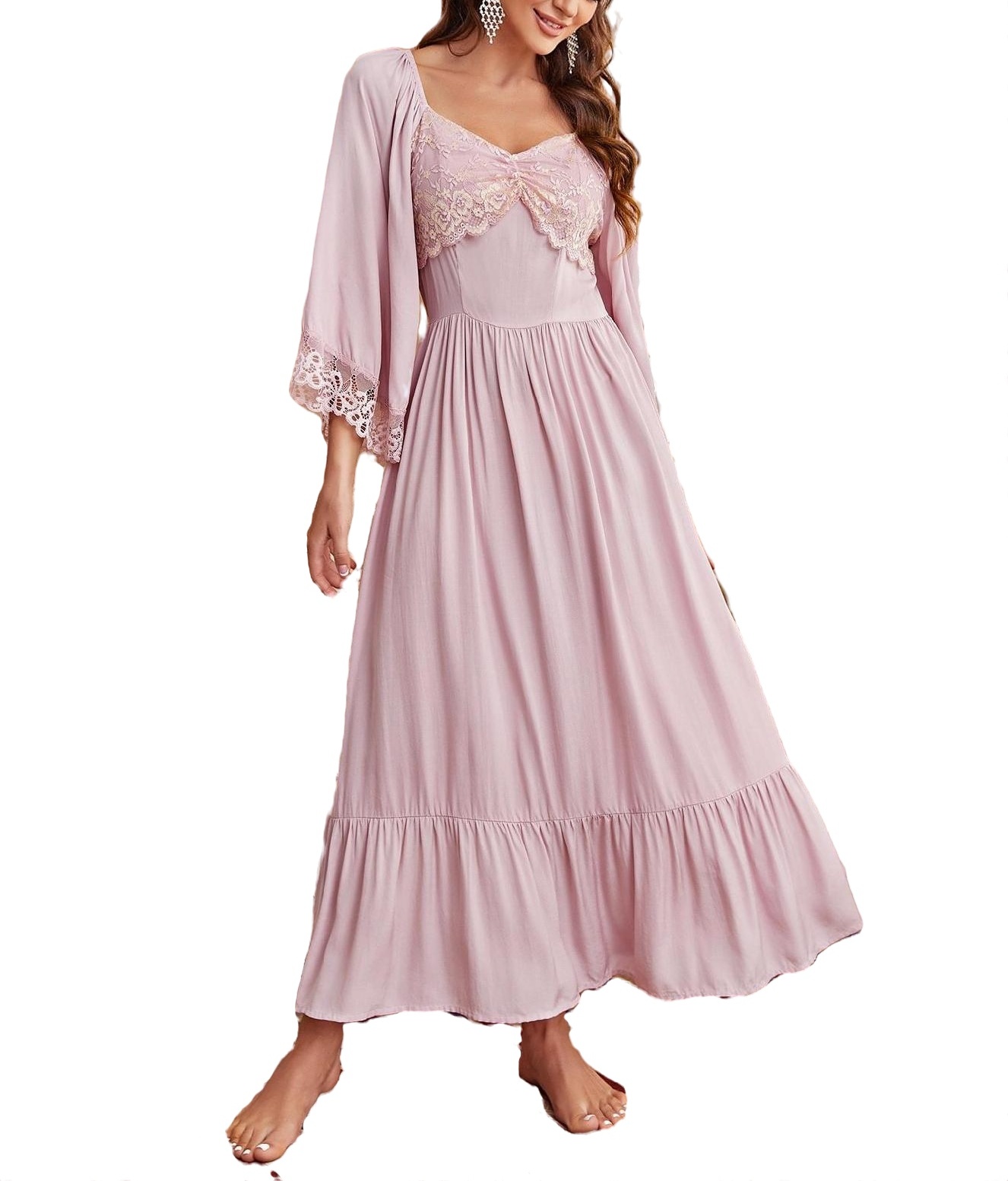 Elegant Floral Print SweetHeart Print Nightgowns 3/4 Sleeve Baby Pink Womens Nightgowns ...