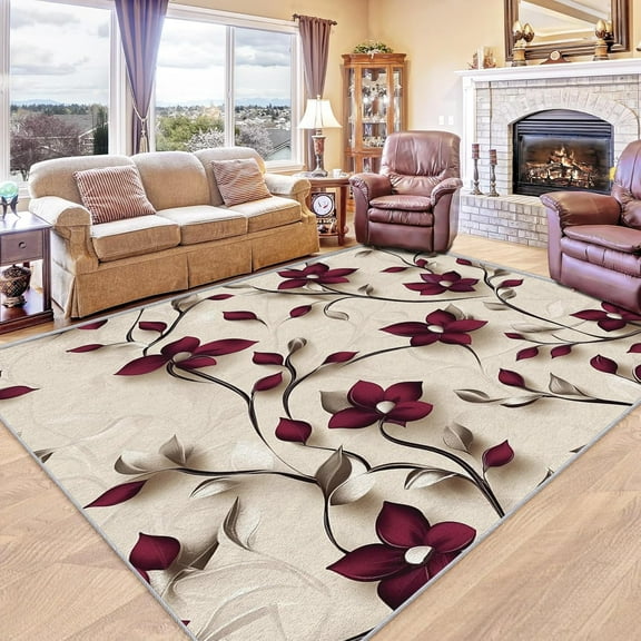 Elegant Floral Rug , Washable Burgundy And Ivory Rugs For Living Room Bedroom, Botanical Flower Area Rug For Home Decor, Non Slip Backing Floor Carpet 1x2ft