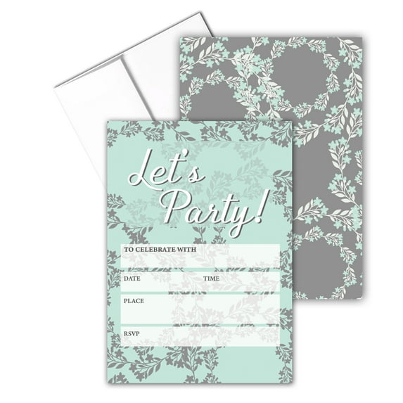Elegant Floral Seafoam Color Party Invitations With Envelopes - 25 Invitations -