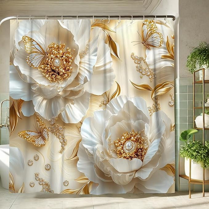 JAWO Luxury Floral Shower Curtain - Cream White & Gold Flower Design, Waterproof Fabric With Hooks, 72x75 Inch