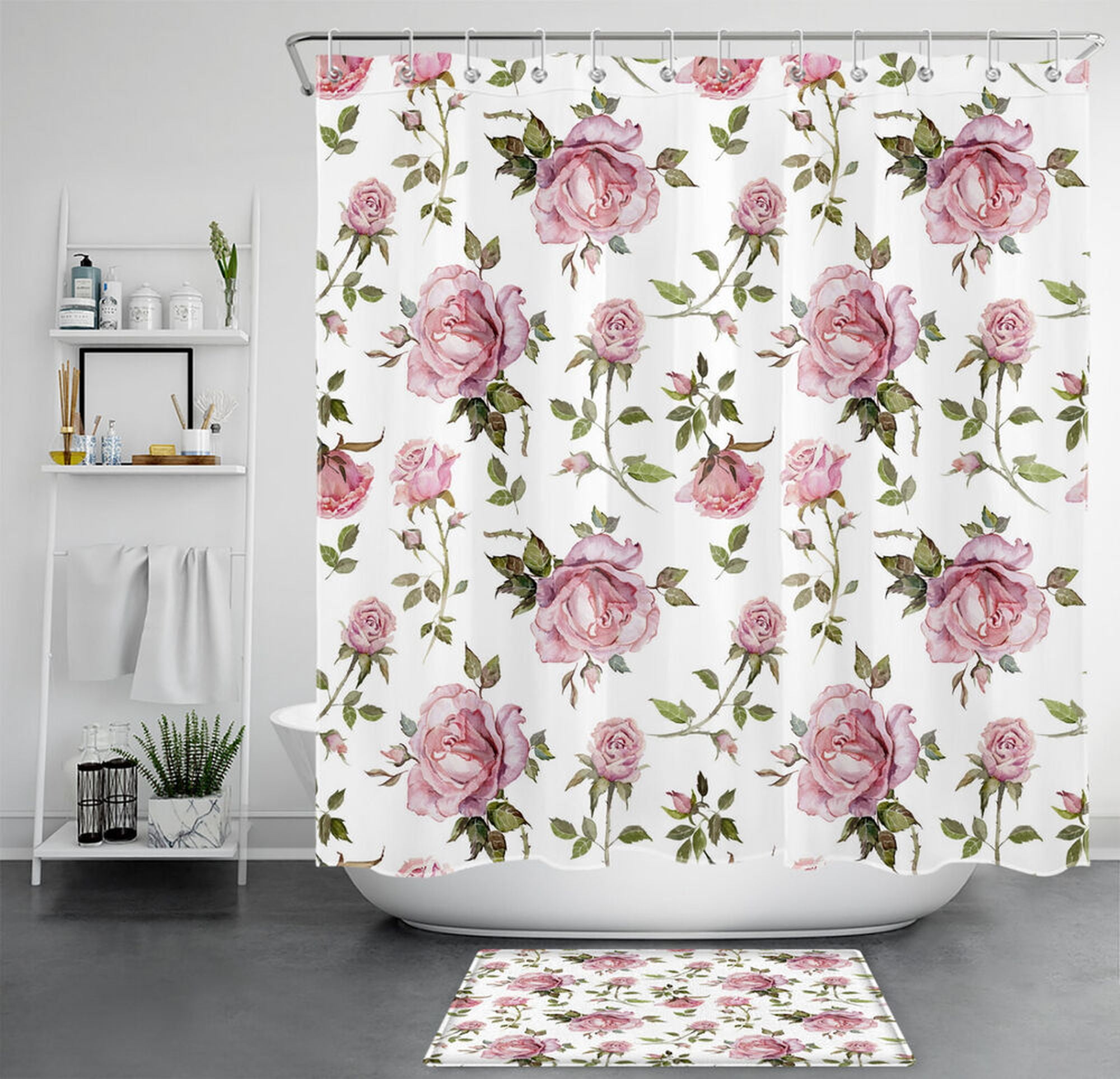 Elegant Floral Shower Curtain Enchanting Green Leaf and Pink Rose Bathroom Decor