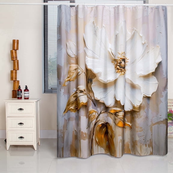 Elegant Floral Shower Curtain 72x72 in, Taupe Fabric with White Flower Print and Gold Accents, Waterproof Washable, with Hooks