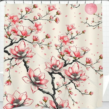 Elegant Floral Shower Curtain in Pink & White - Whimsical Design with Cream Background