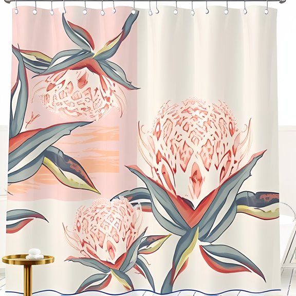 Elegant Floral Shower Curtain with Intricate Protea Bloom Design Green and Red Leaves Modern Bathroom Decor