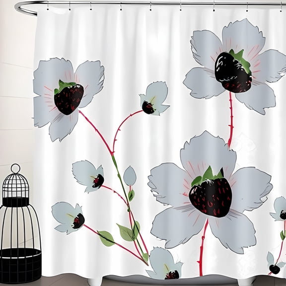 Elegant Floral Shower Curtain with Light Gray Flowers Dark Centers Green Leaves & Red Stems - Perfect for Modern Bathrooms