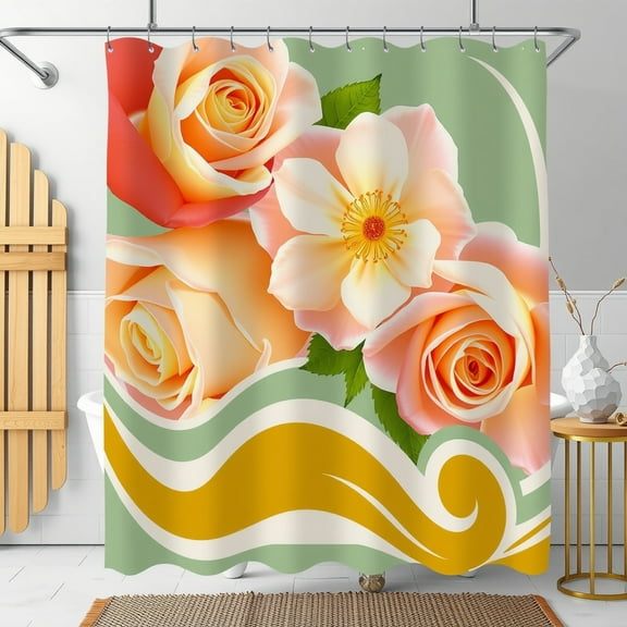 Elegant Floral Shower Curtain with Peach Roses & Green Background