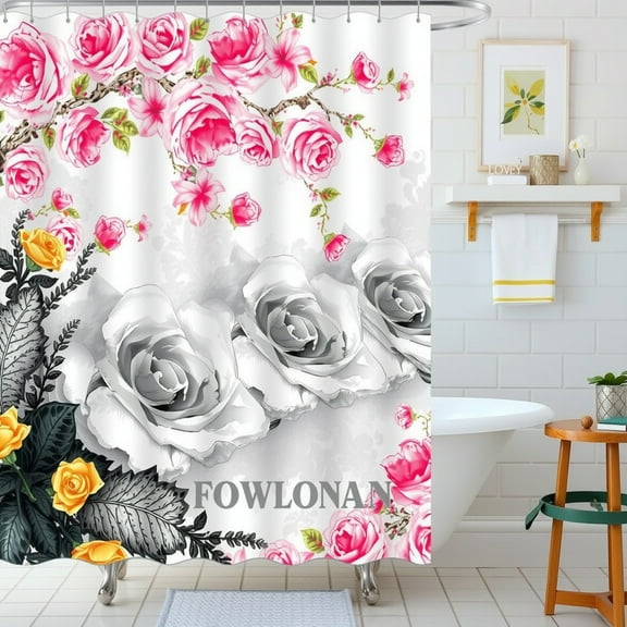 Elegant Floral Shower Curtain with Pink and Grey Roses - Minimalist Bathroom Decor
